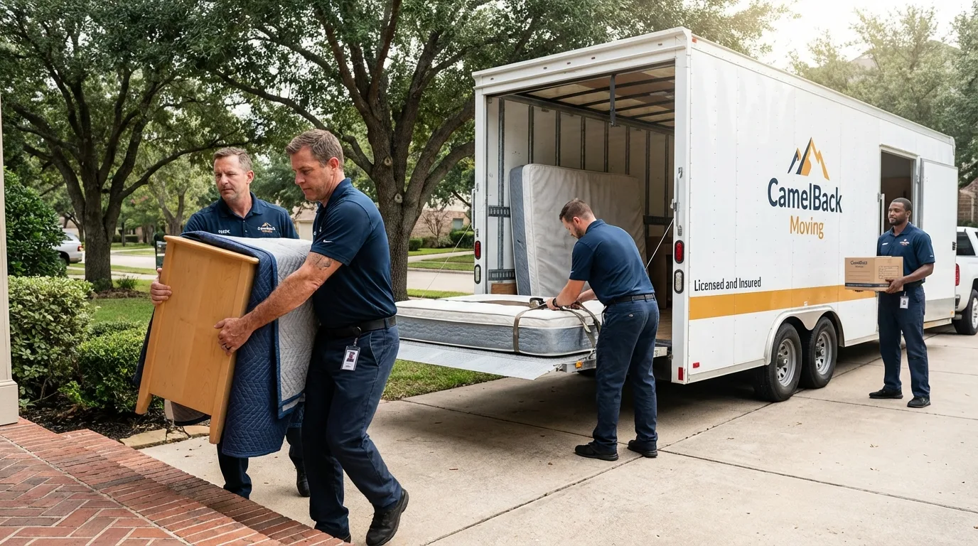 Crew loading residential truck for cross-state move from Newark, AR