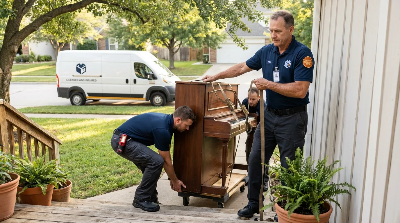 Licensed piano movers securing grand piano in Newark, AR