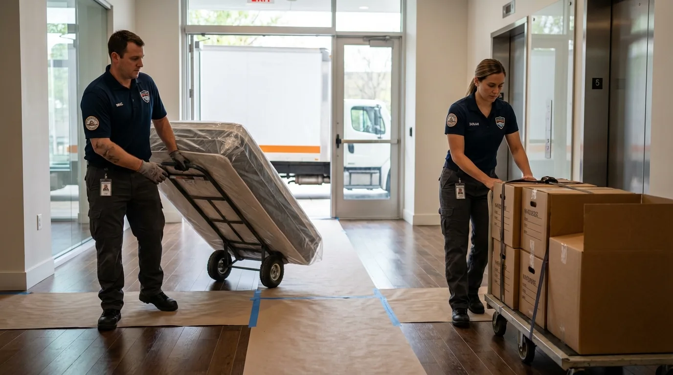 Professional apartment movers loading elevator in Newark, AR