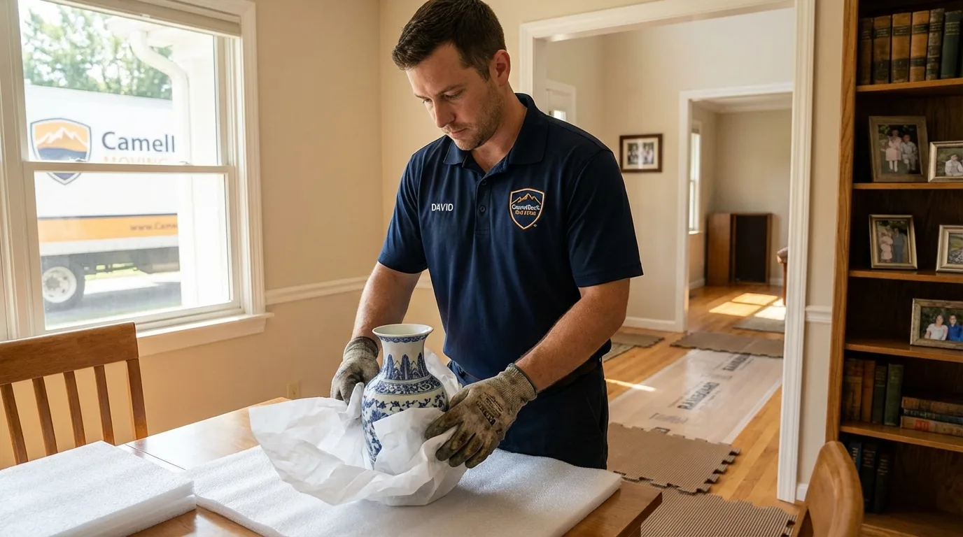 Professional crew carefully wrapping antique vase for senior downsizing move in Newark, AR